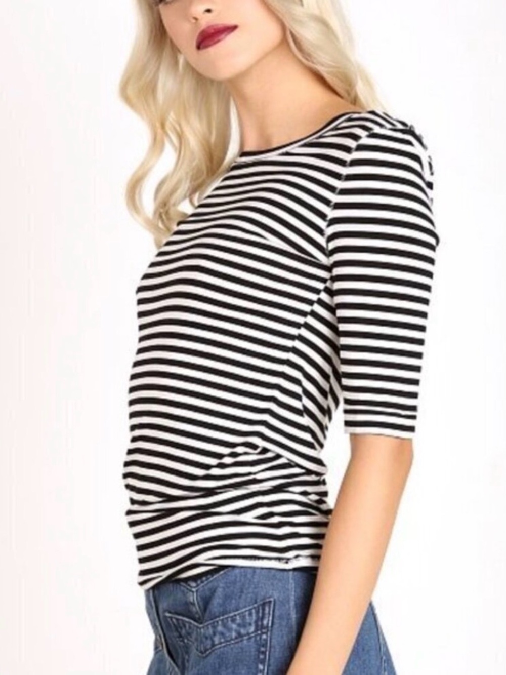 Free People Black and White Ivory Striped Leader of the Pack Knit 3/4 Sleeve Top